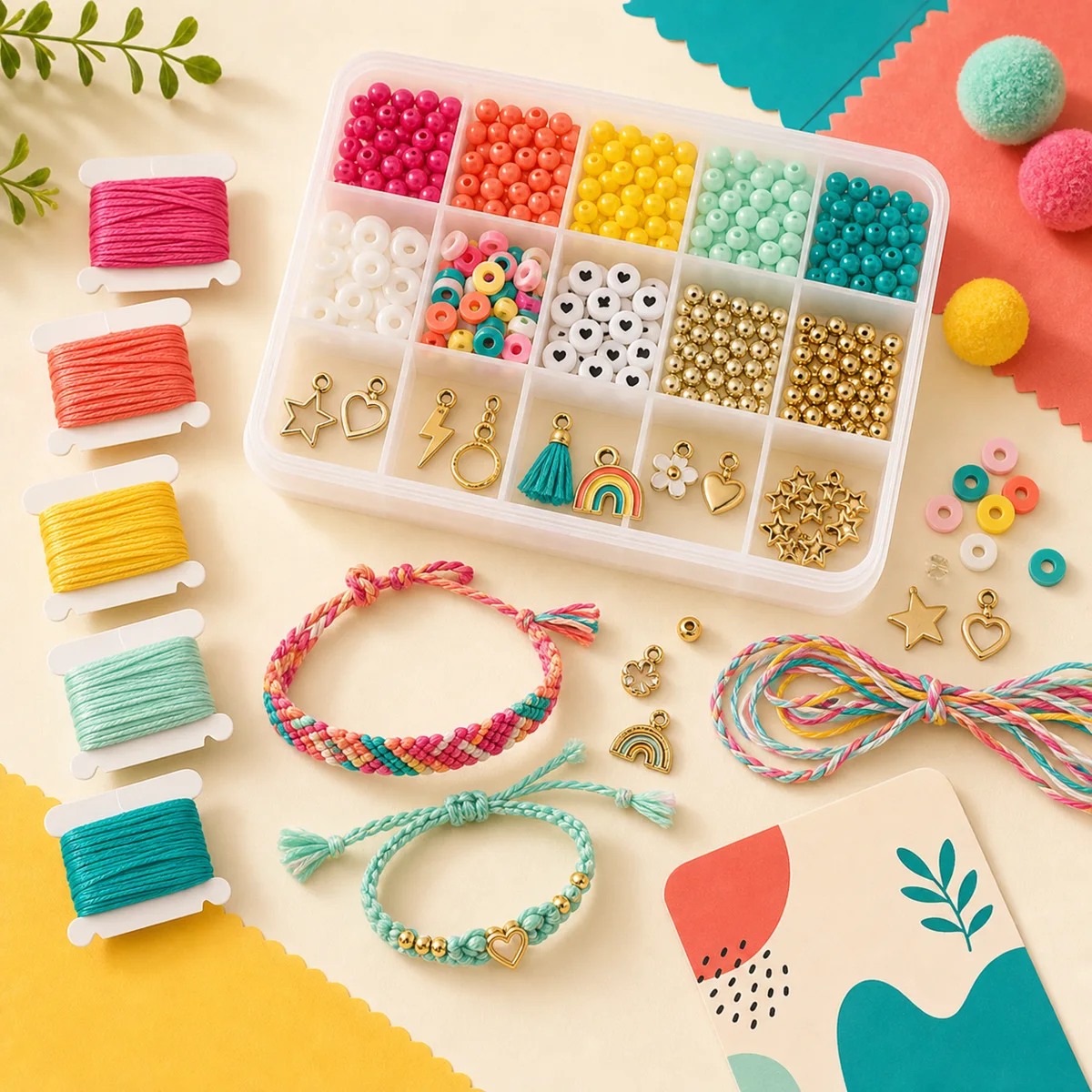 Bracelet and charm making kit product shot with beads threads and supplies