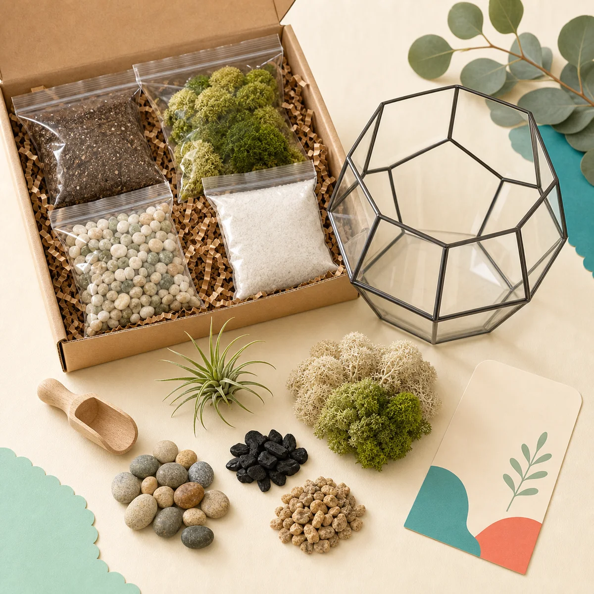 Build your own terrarium kit product shot with glass vessel stones moss and components