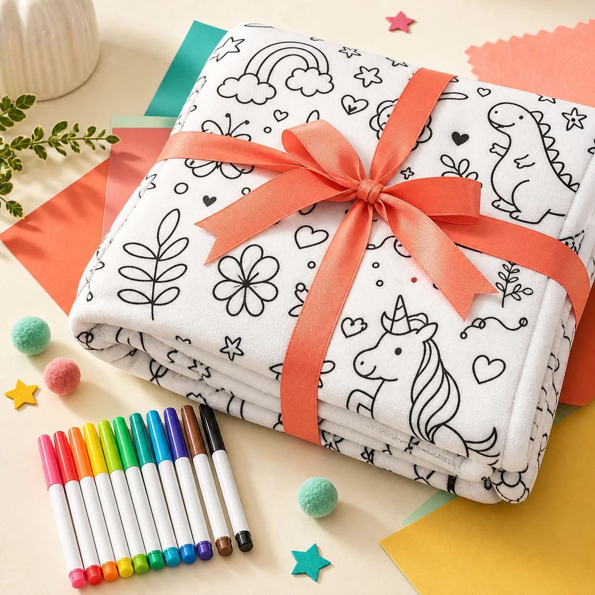 DIY colouring blanket kit product shot with markers