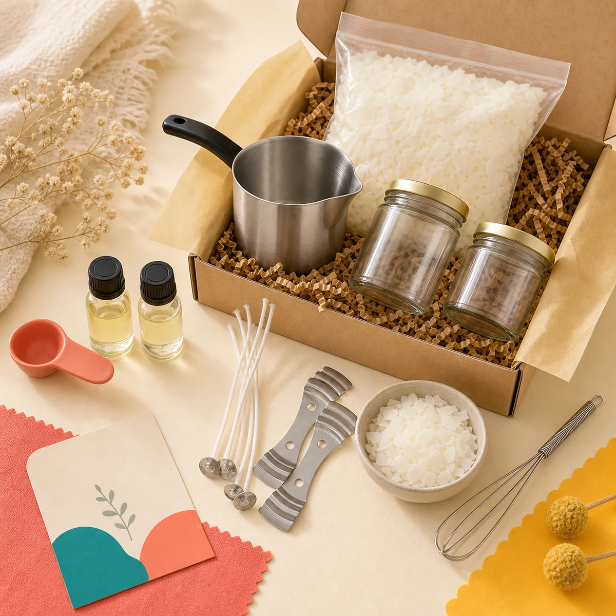 DIY candle making kit product shot with wax jars wicks and supplies