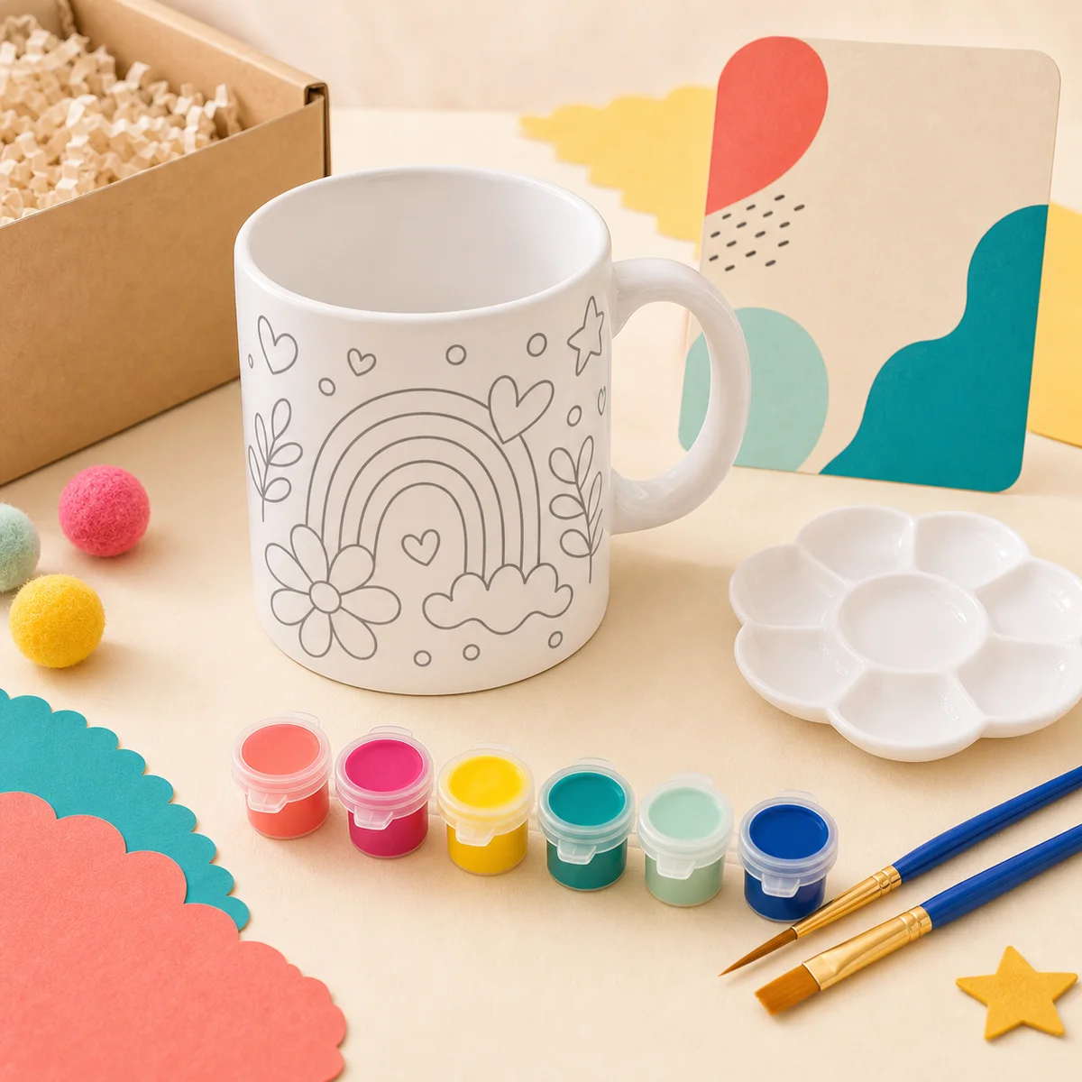 Paint your own ceramic mug kit product shot with mug paints brushes and supplies