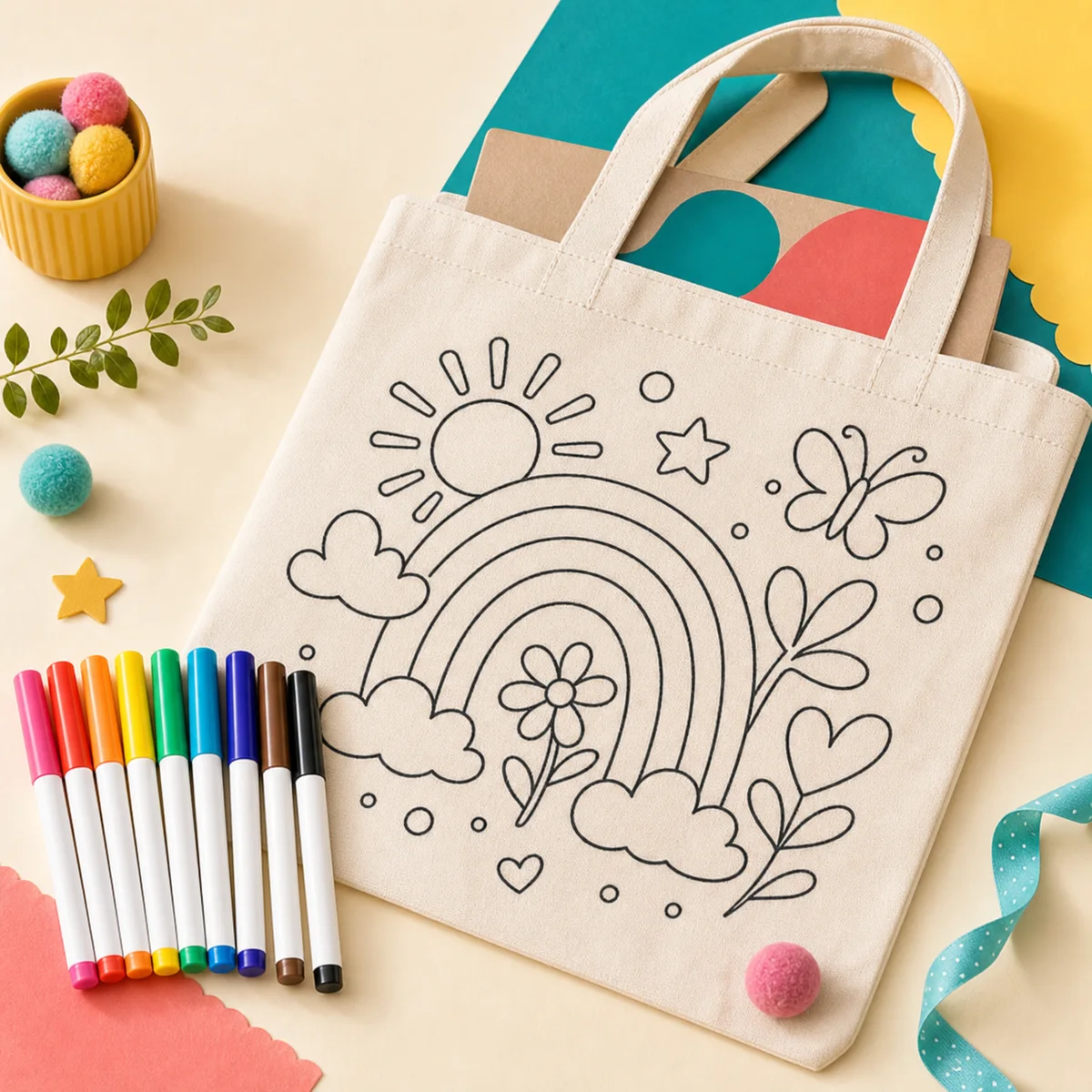 Paint your own tote bag kit product shot with markers and canvas tote